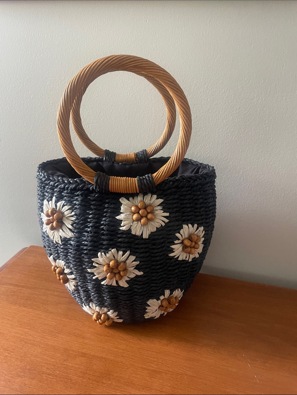 Urban Expressions Small Black Woven Tote with Wood like Ring Handles.